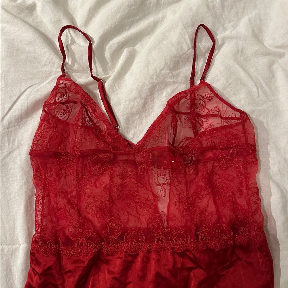 Kiki De Montparnasse Le Rose Red Satin Lace Bodysuit